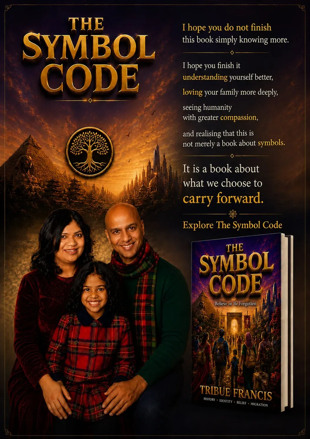 A mother, father and young daughter beneath the golden Symbol Code title and tree-of-life emblem.