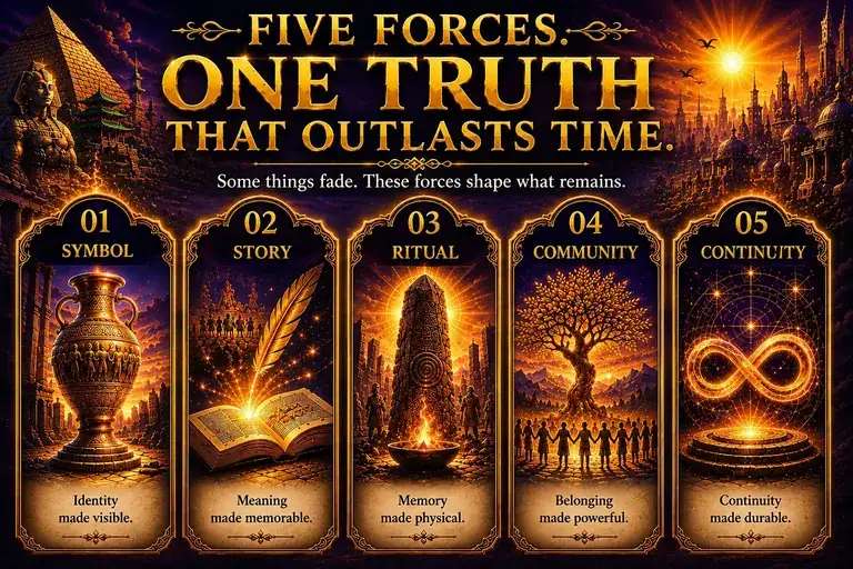 The Symbol Code five-forces poster: Symbol, Story, Ritual, Community and Continuity.