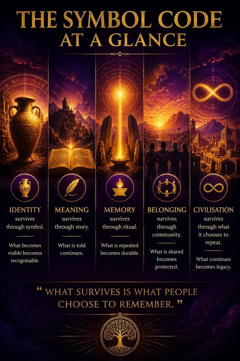 The Symbol Code 'at a glance' poster showing how identity, meaning, memory and belonging survive.