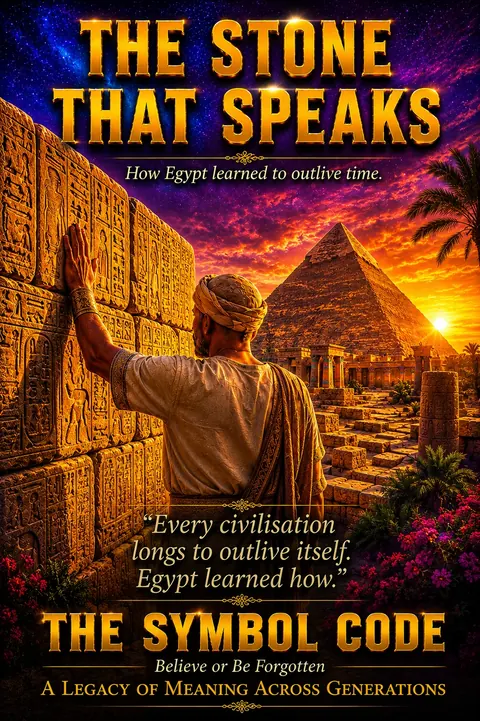 Chapter 1 poster: a man presses his palm against ancient hieroglyph-carved stone as the sun rises over the pyramids of Giza.