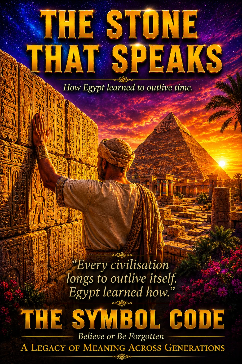 Chapter 1 poster: a man presses his palm against ancient hieroglyph-carved stone as the sun rises over the pyramids of Giza.