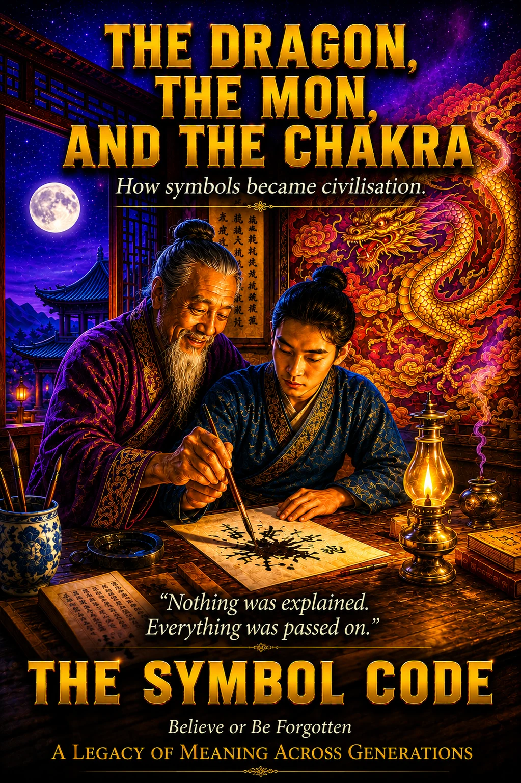 Chapter 2 poster: an elder guides a young hand holding a calligraphy brush by lamplight, a golden dragon glowing on the wall behind them.