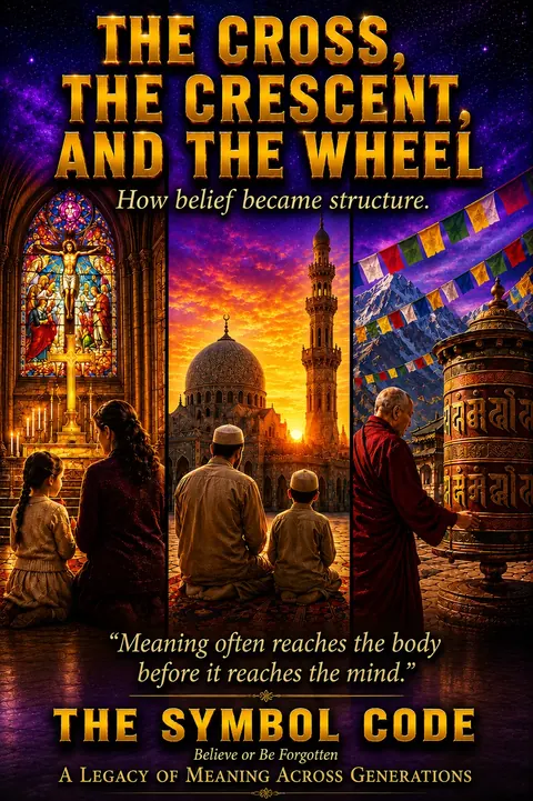 Chapter 3 poster: a triptych of a church, a mosque at sunset, and a Buddhist prayer wheel, three traditions side by side.