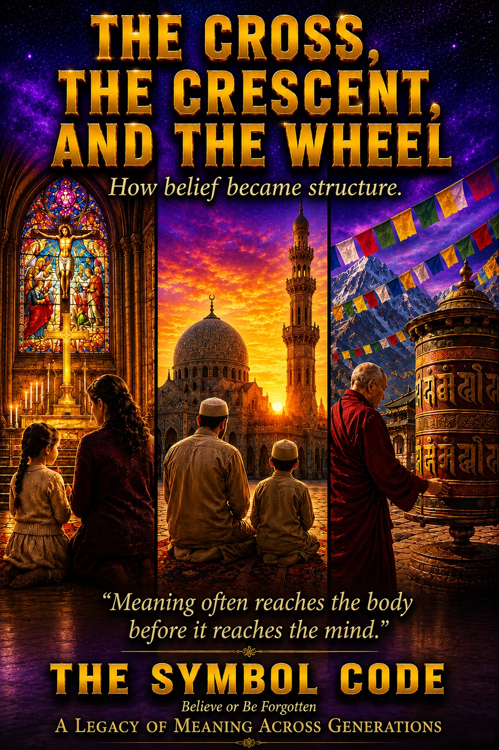 Chapter 3 poster: a triptych of a church, a mosque at sunset, and a Buddhist prayer wheel, three traditions side by side.