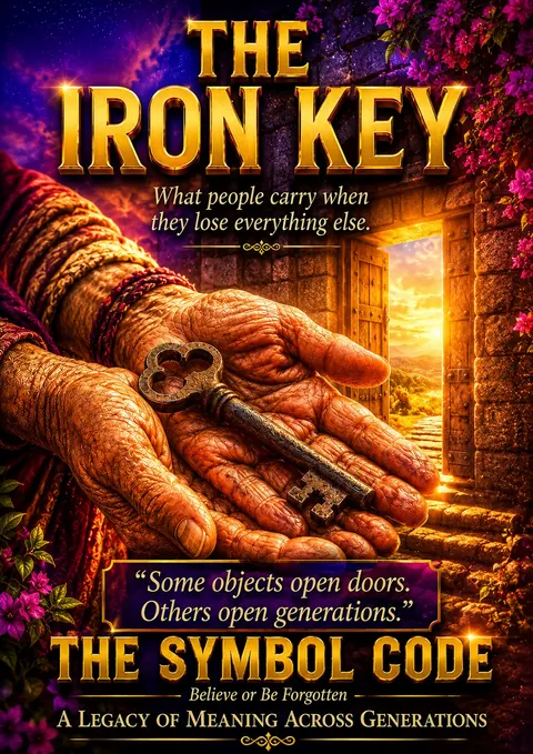 Chapter 4 poster: weathered hands cradle an old iron key, a warm doorway glowing in the background.