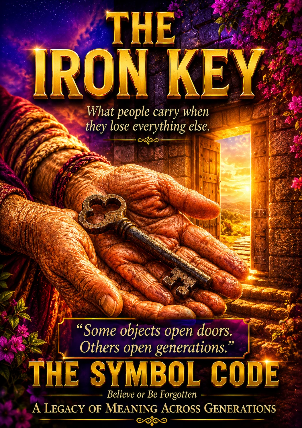 Chapter 4 poster: weathered hands cradle an old iron key, a warm doorway glowing in the background.
