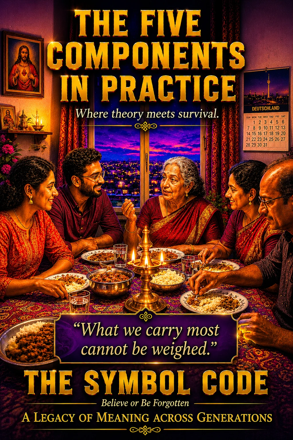 Chapter 5 poster: an extended family shares a candlelit meal at a table, a German calendar on the wall behind them.