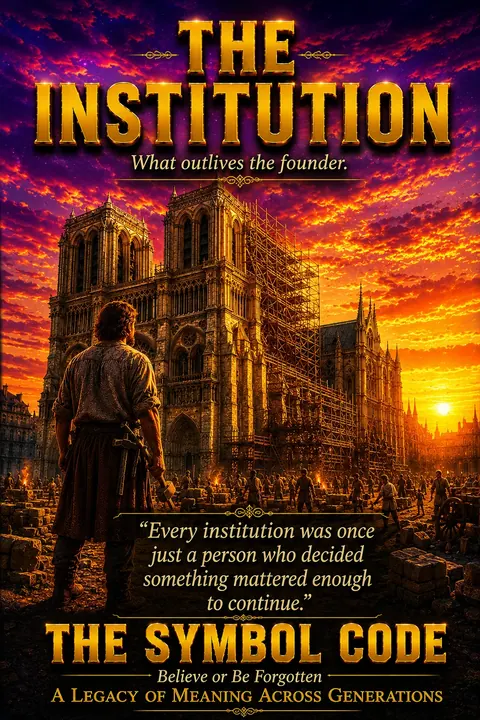 Chapter 6 poster: a builder stands before a great cathedral under construction at sunset, a hammer in his hand.