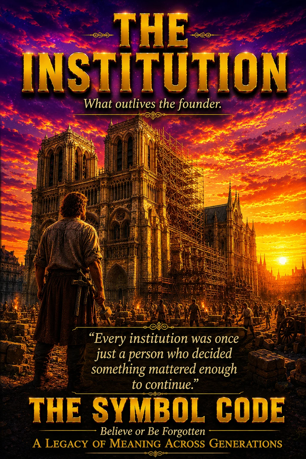 Chapter 6 poster: a builder stands before a great cathedral under construction at sunset, a hammer in his hand.