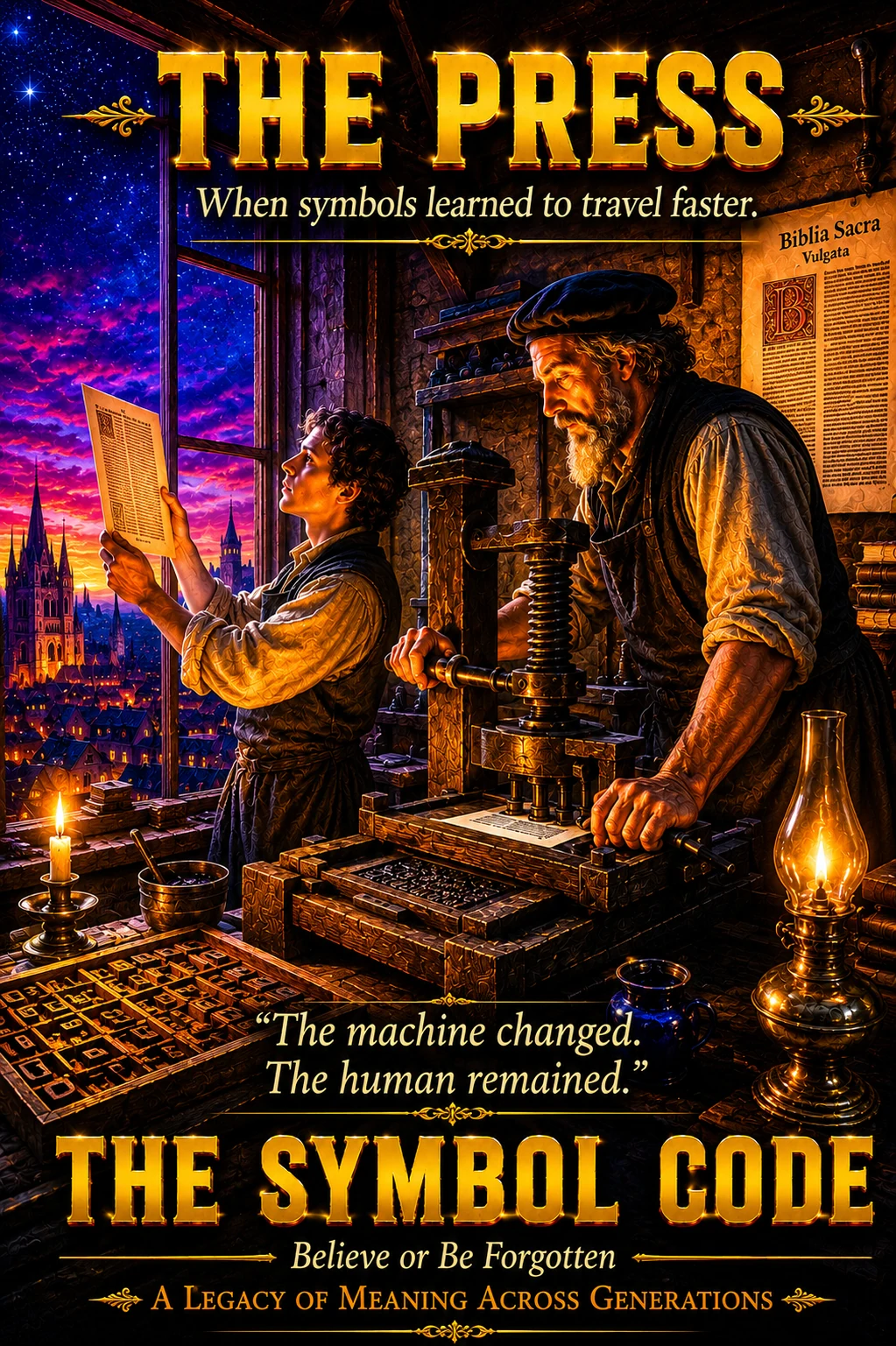 Chapter 7 poster: two printers work an early printing press by candlelight, a freshly printed page held to the window.