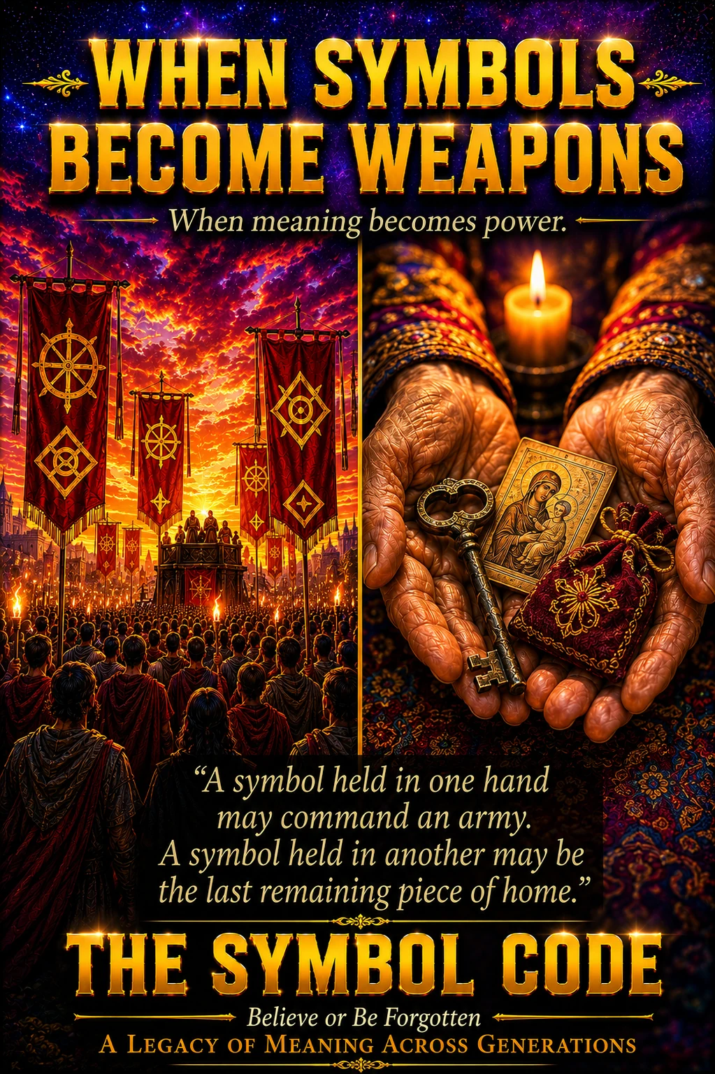 Chapter 8 poster: banners raised above a torchlit crowd on one side, weathered hands holding a key, icon and pouch on the other.