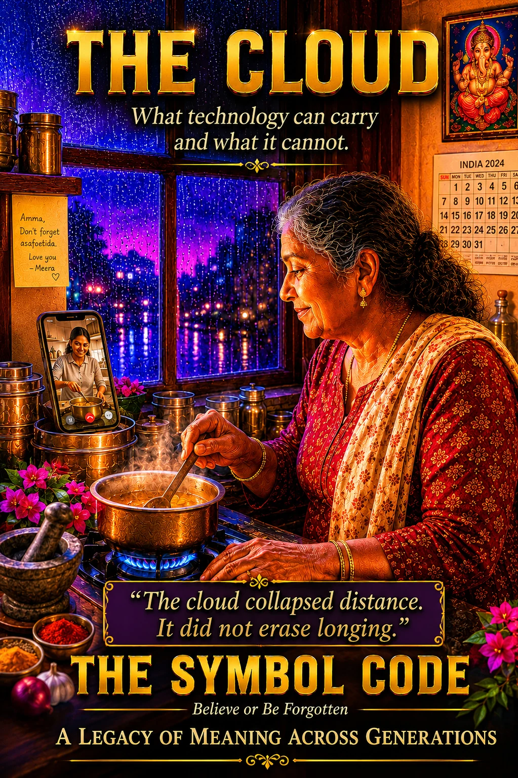 Chapter 9 poster: a grandmother cooks at a stove while a video call on a phone shows a younger woman cooking the same dish.