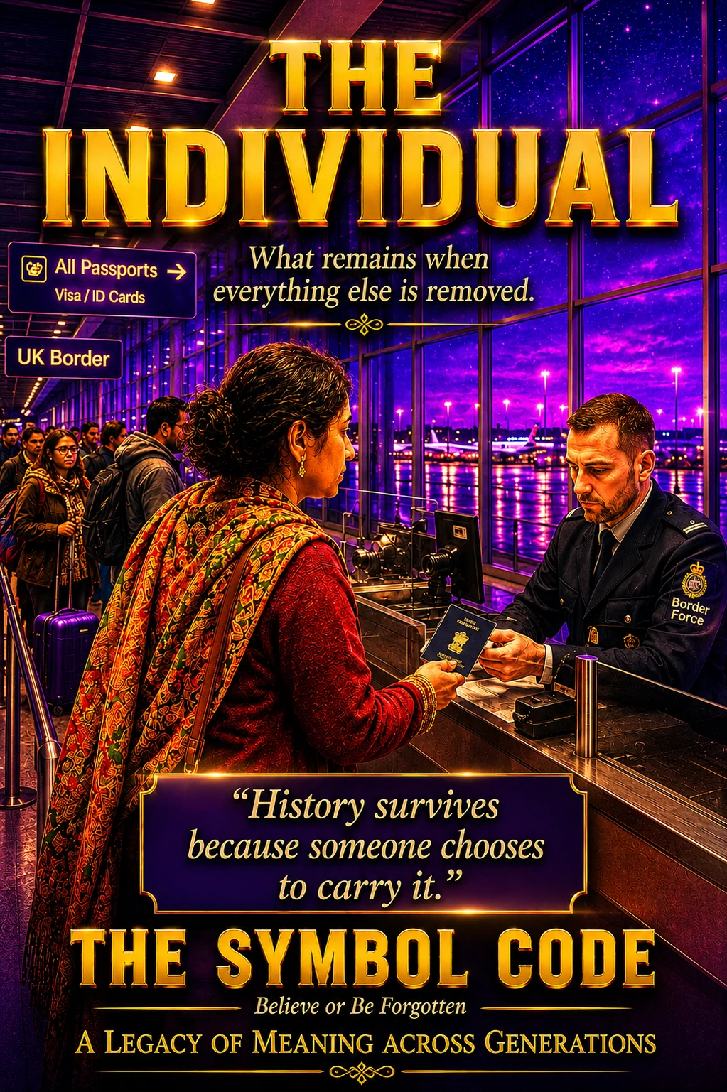 Chapter 10 poster: a traveller hands a passport to a border officer at a glowing airport checkpoint at night.