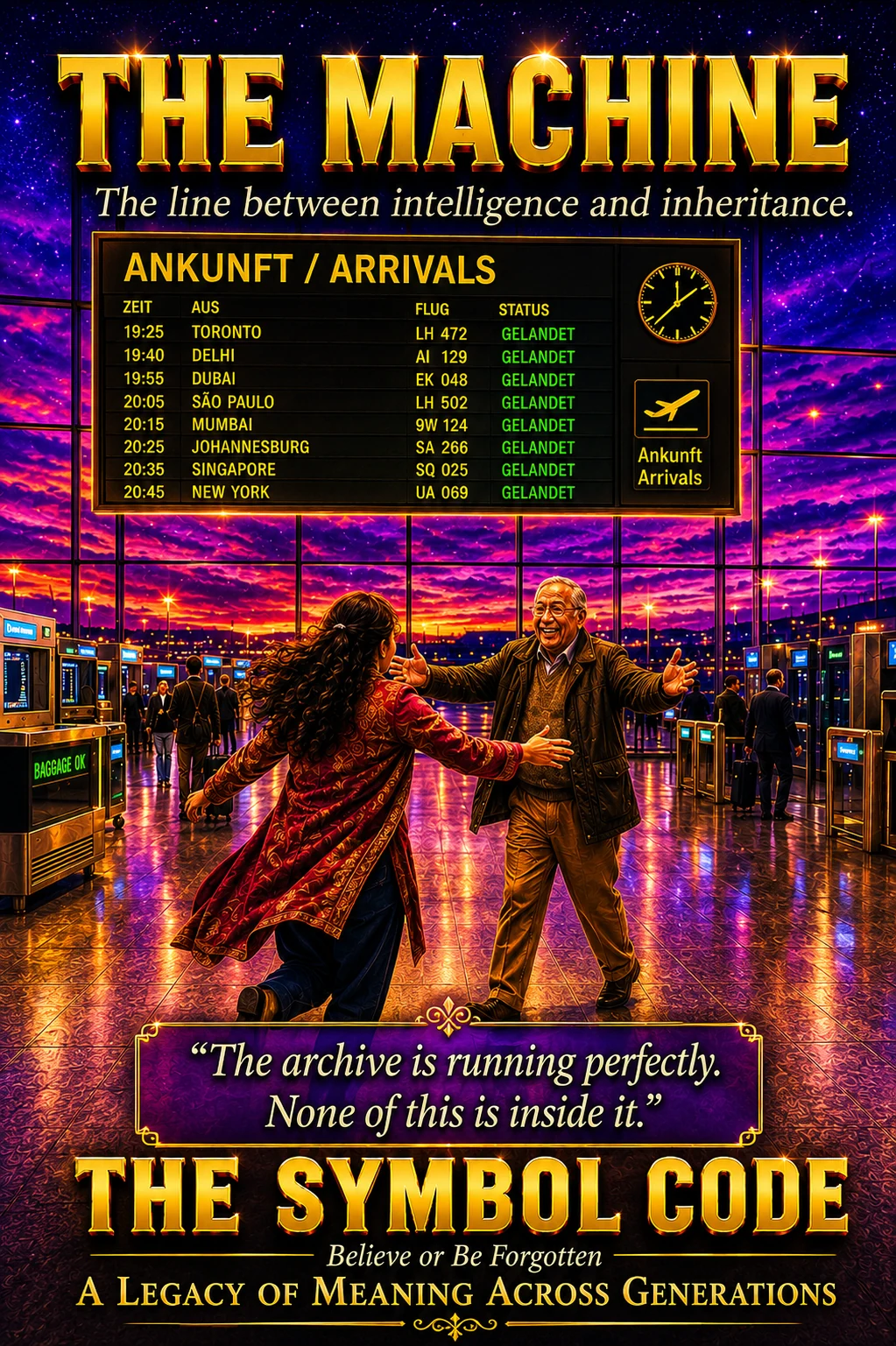Chapter 11 poster: a young woman runs to embrace an older man in an arrivals hall beneath a glowing flight board.