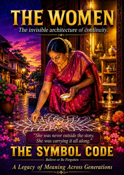 Chapter 12 poster: a woman in a red sari draws an intricate white kolam on the ground at her doorstep at night.