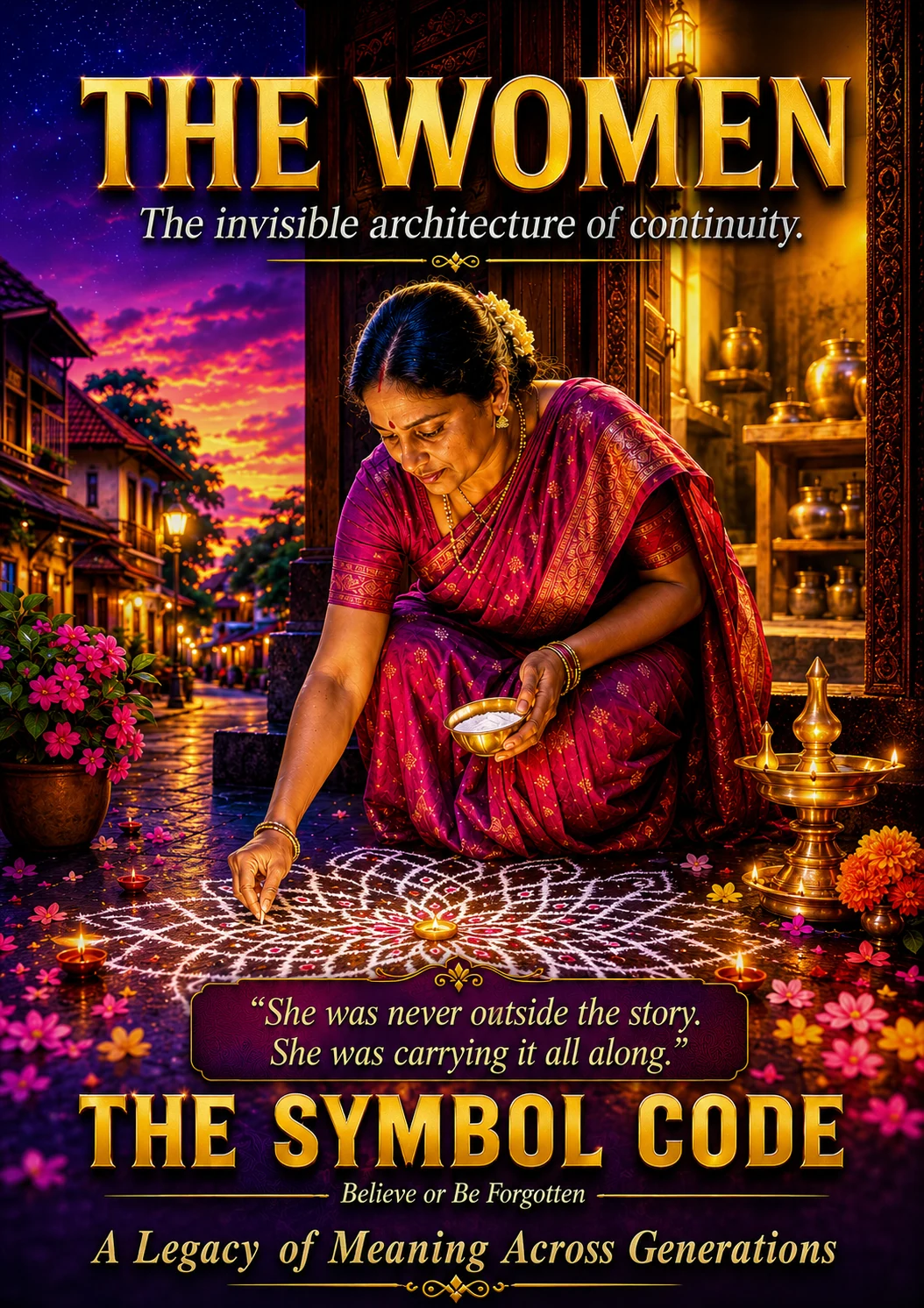 Chapter 12 poster: a woman in a red sari draws an intricate white kolam on the ground at her doorstep at night.