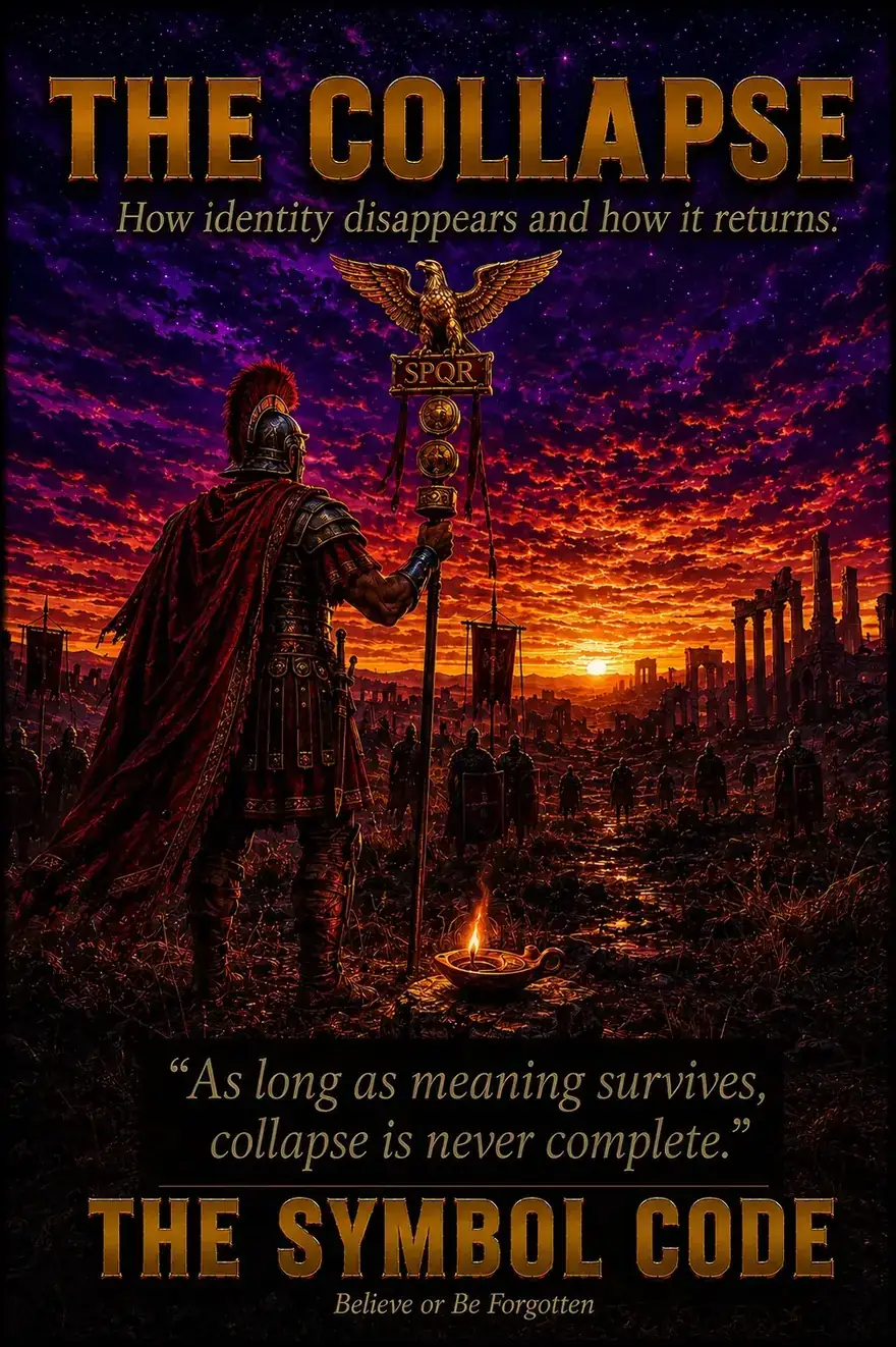 Chapter 13 poster: a Roman soldier lifts the SPQR eagle standard above ruins at a fiery sunset, a small lamp burning at his feet.