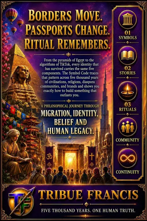 The Symbol Code back cover: 'Borders move. Passports change. Ritual remembers.' with the five components: Symbols, Stories, Rituals, Community, Continuity.