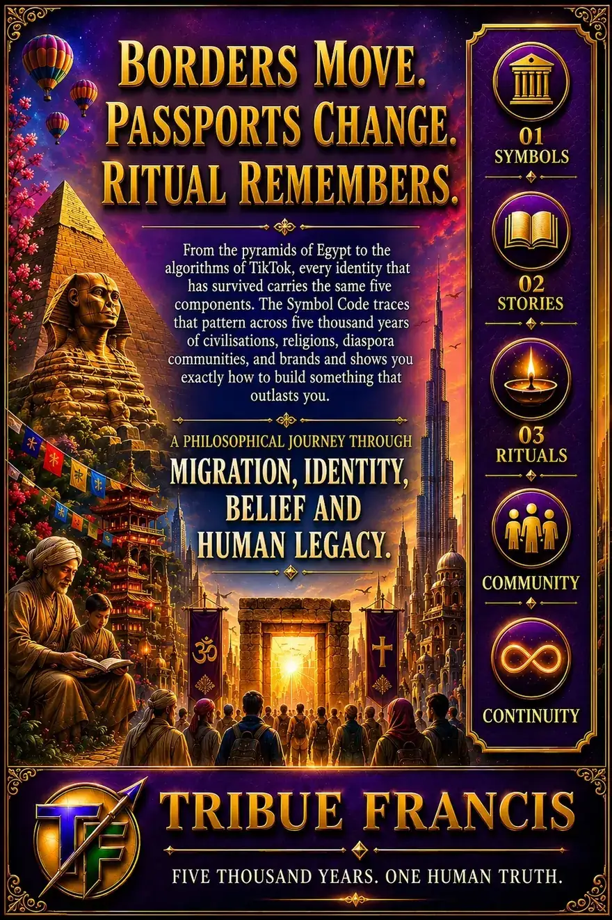 The Symbol Code back cover: 'Borders move. Passports change. Ritual remembers.' with the five components: Symbols, Stories, Rituals, Community, Continuity.