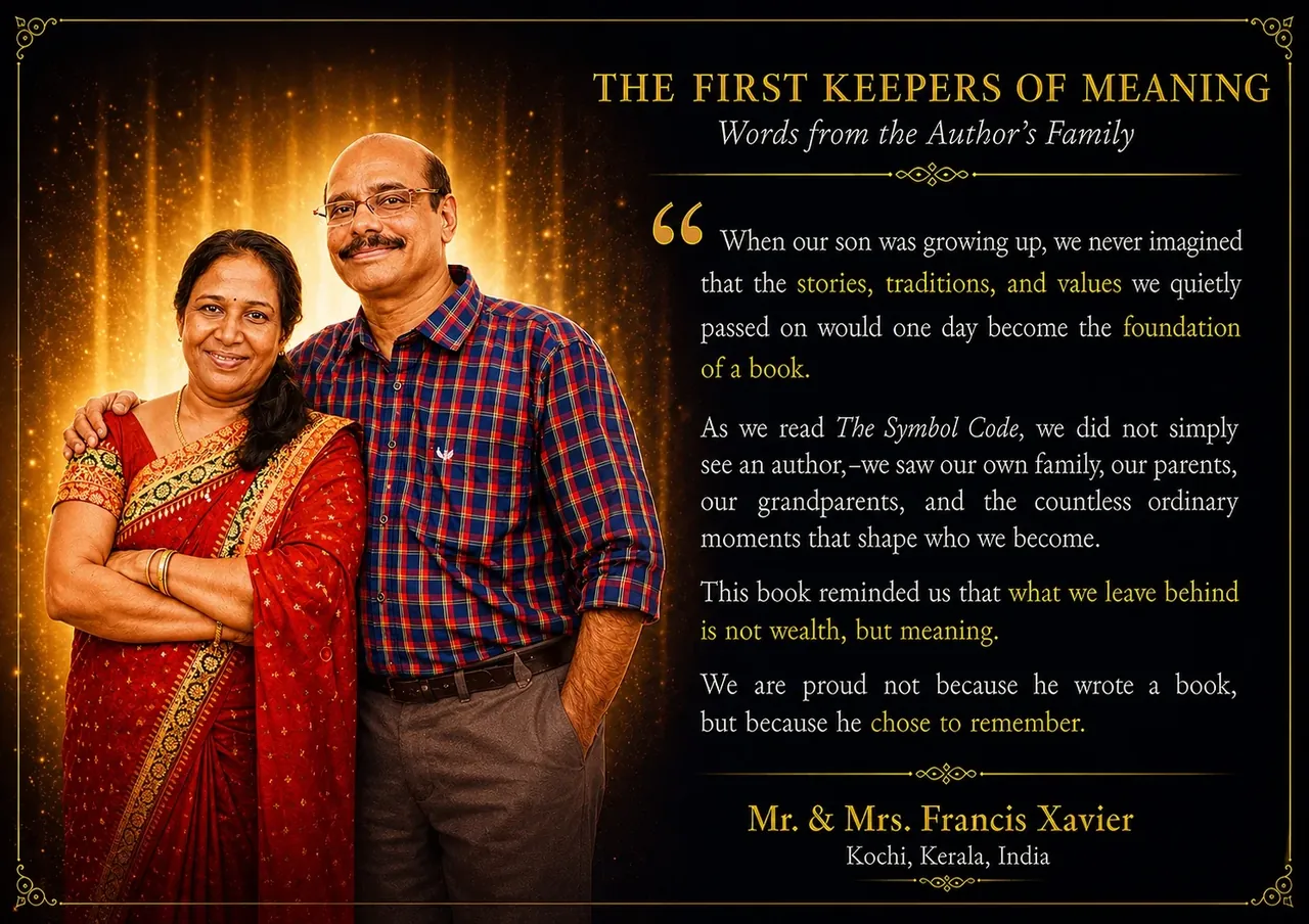 The author's parents, Mr and Mrs Francis Xavier of Kochi, beside The Symbol Code with their family tribute.