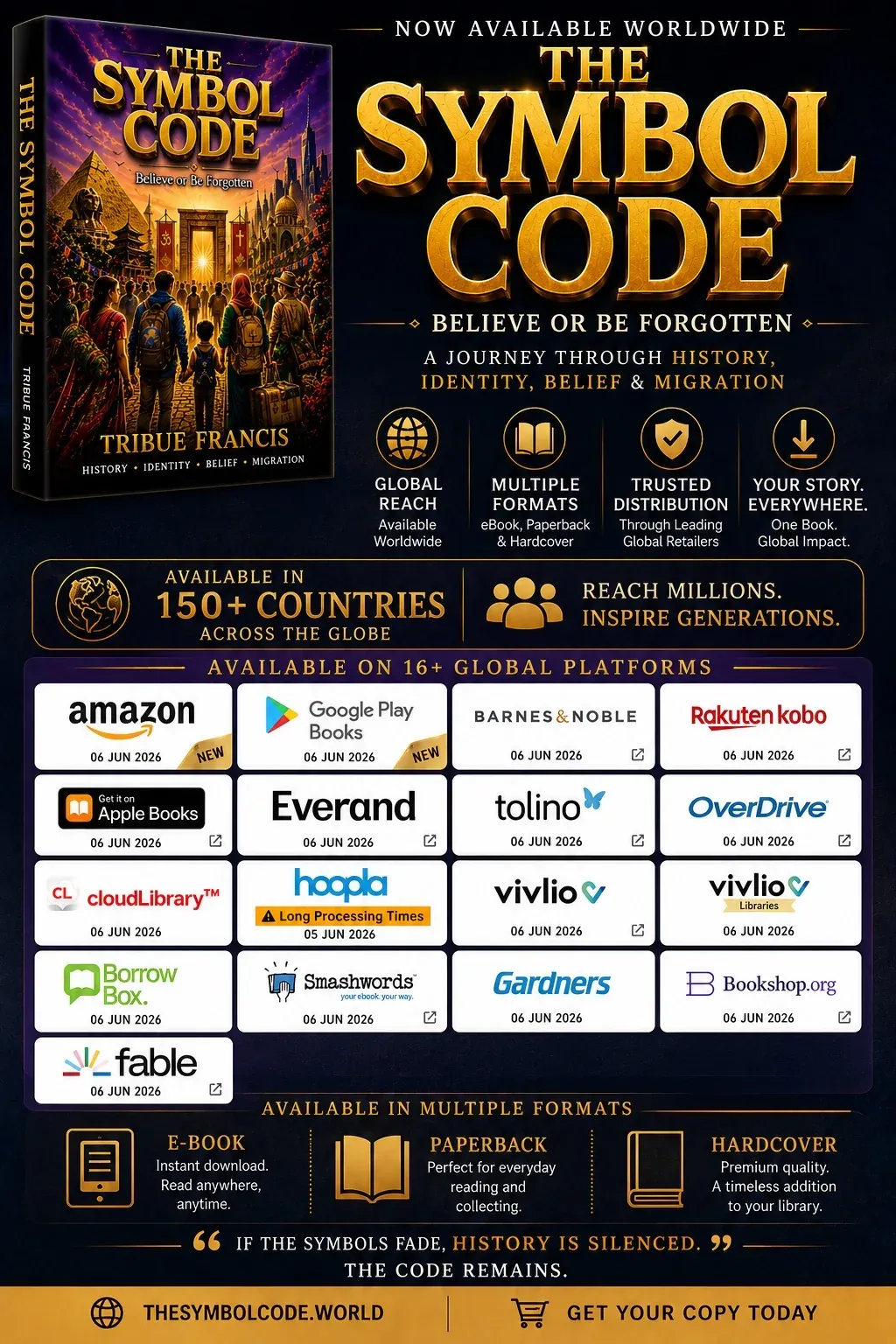 The Symbol Code availability poster: worldwide in 150+ countries on 16+ platforms, in eBook, paperback and hardcover.