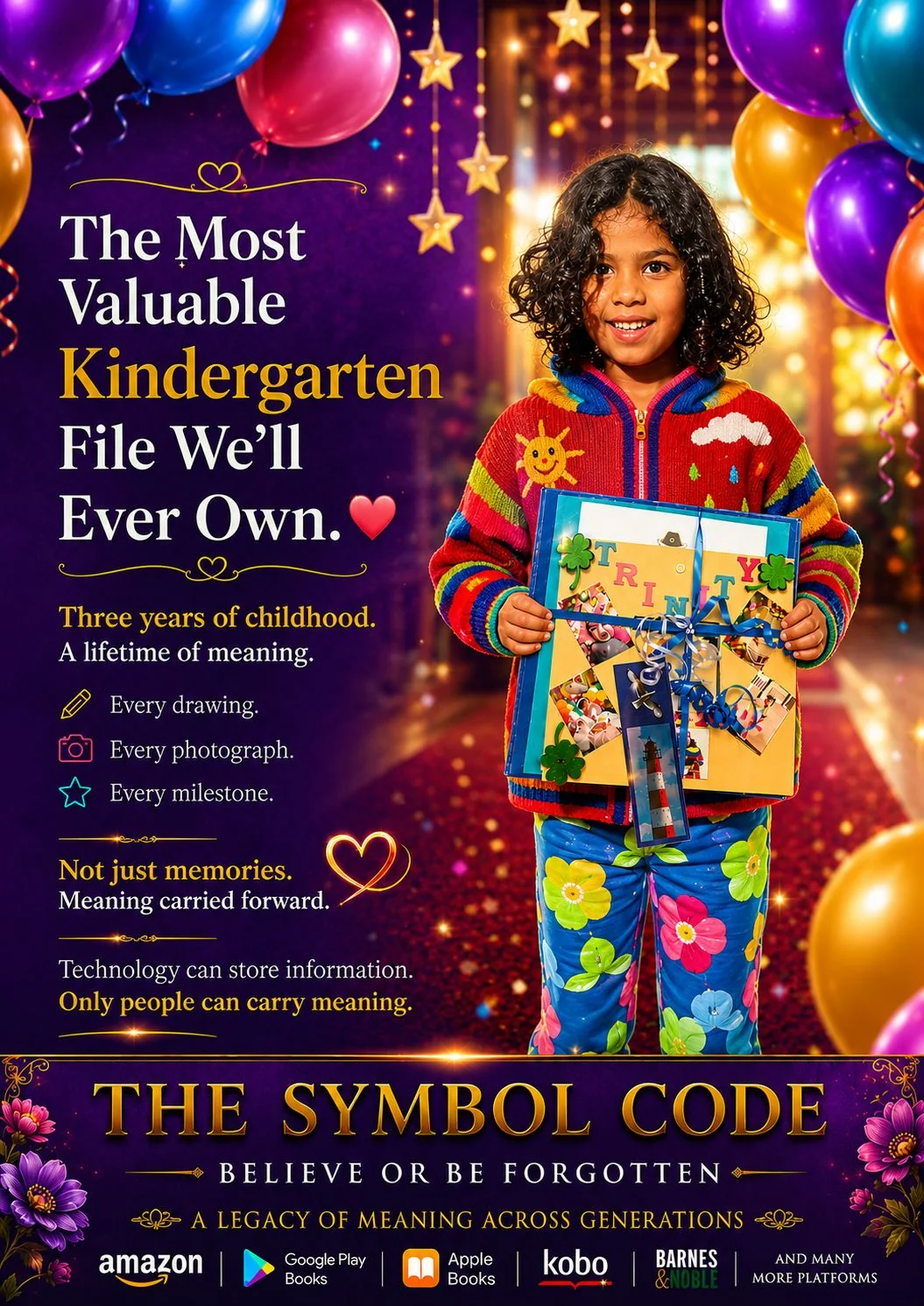 A young girl smiling and holding her kindergarten memory file, surrounded by balloons and fairy lights.