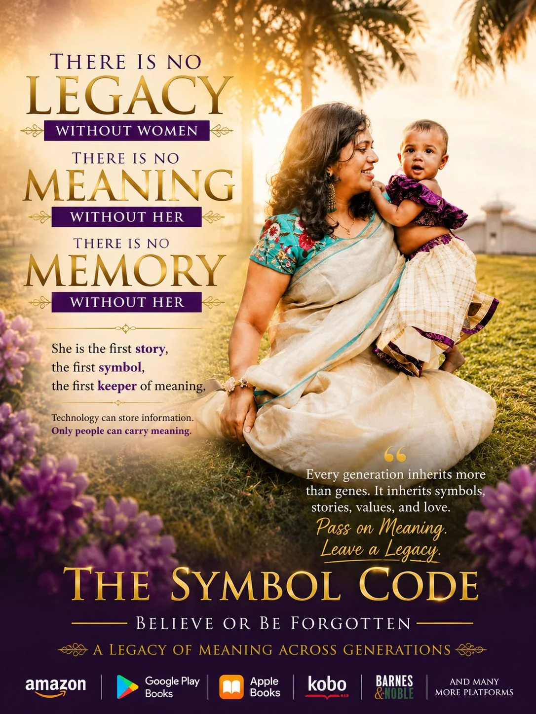A mother in a cream and turquoise saree holding her baby daughter on a sunlit lawn.