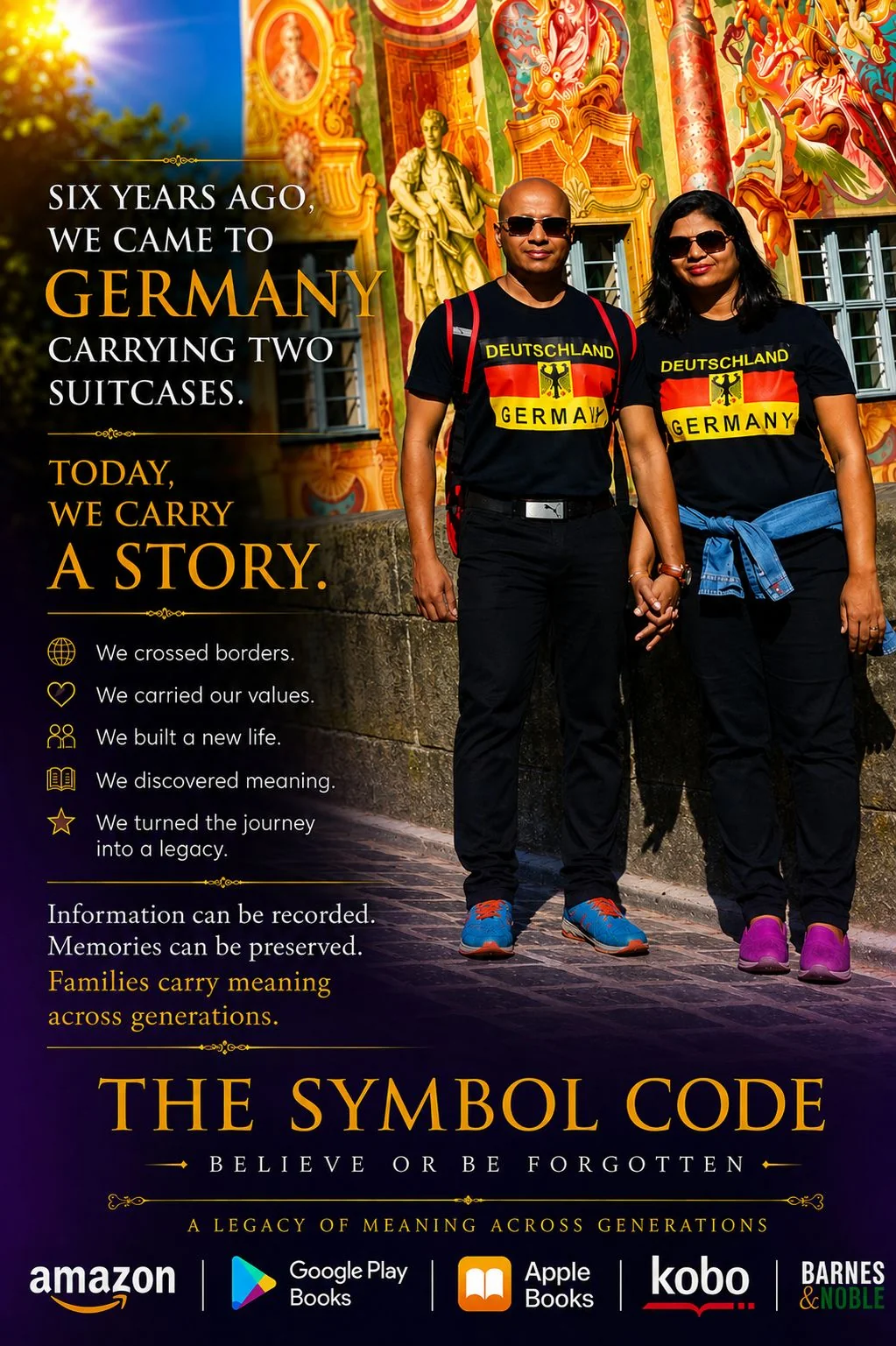 A couple wearing matching Germany t-shirts, standing before an ornately painted historic building.