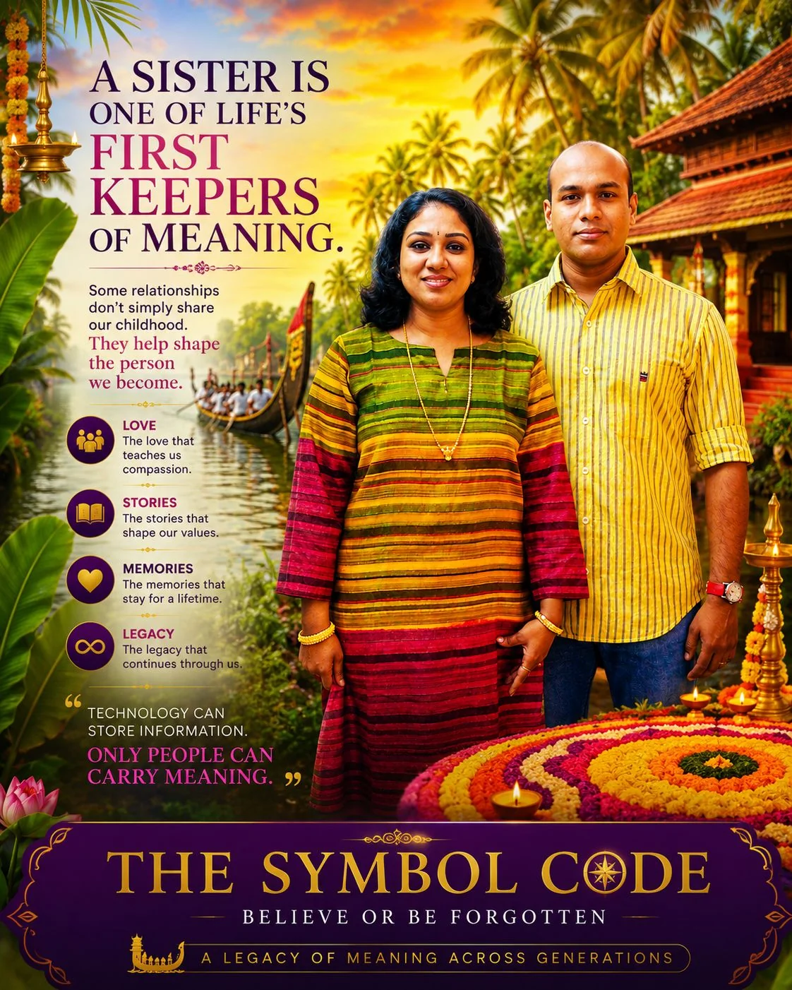 A brother and sister standing together beside a Kerala backwater at sunset, with a kolam flower design in the foreground.