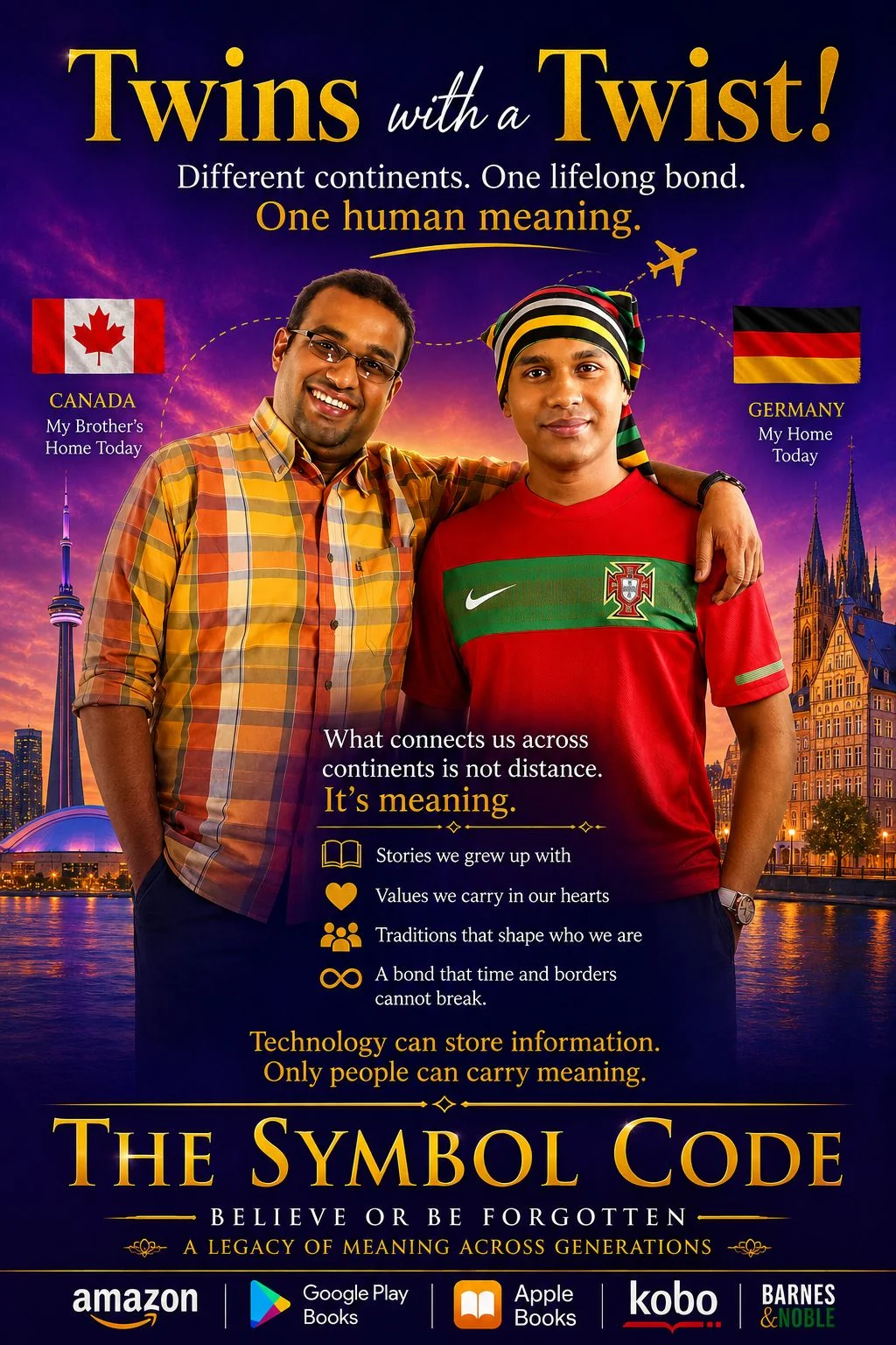 Fraternal twin brothers, one living in Canada and one in Germany, standing arm in arm.