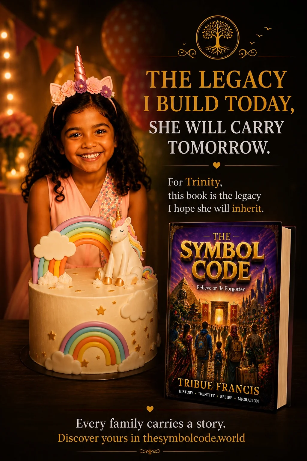 Trinity, the author's daughter, beside a unicorn birthday cake: 'The legacy I build today, she will carry tomorrow.'