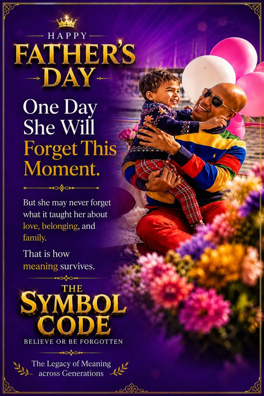 Father and child poster: a father lifts his laughing child amid balloons and flowers, with the words ‘One day she will forget this moment.’