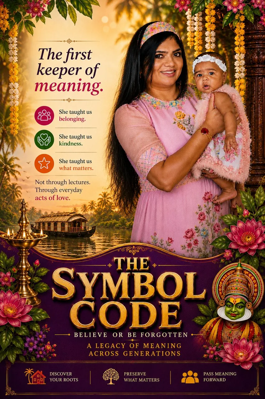Mother and baby poster set in Kerala: a mother holds her infant beneath flower garlands, titled ‘The first keeper of meaning.’