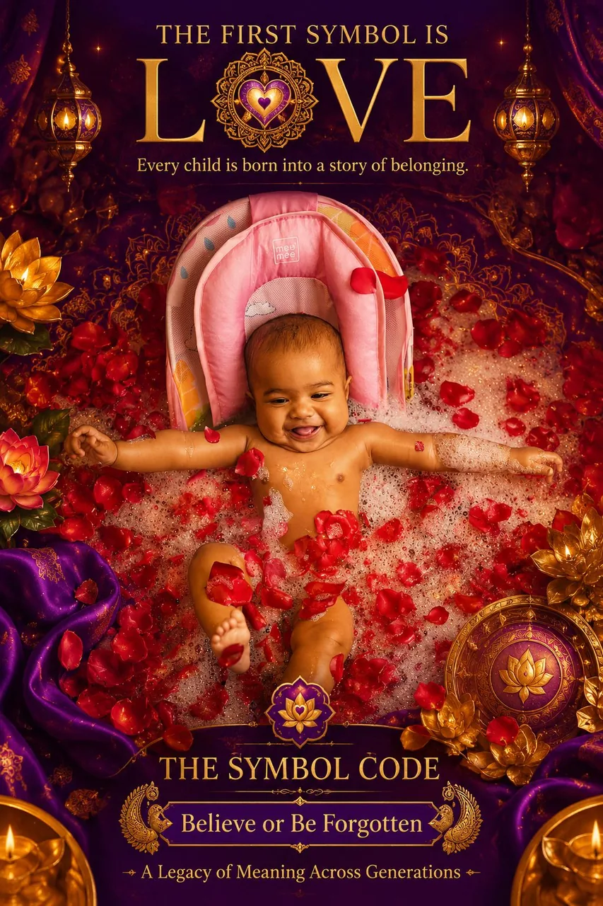 Poster of a smiling baby among rose petals and lamps, with golden text ‘The first symbol is LOVE.’