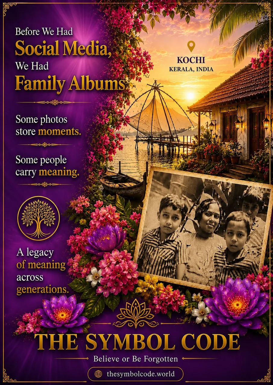 Poster of a vintage family photograph beside a Kochi backwater sunset, titled ‘Before we had social media, we had family albums.’