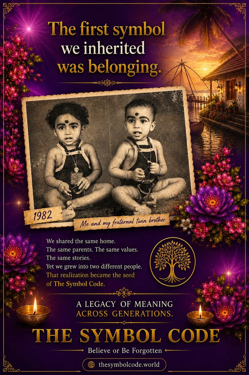 Poster of a 1982 sepia photo of fraternal twin boys, titled ‘The first symbol we inherited was belonging.’