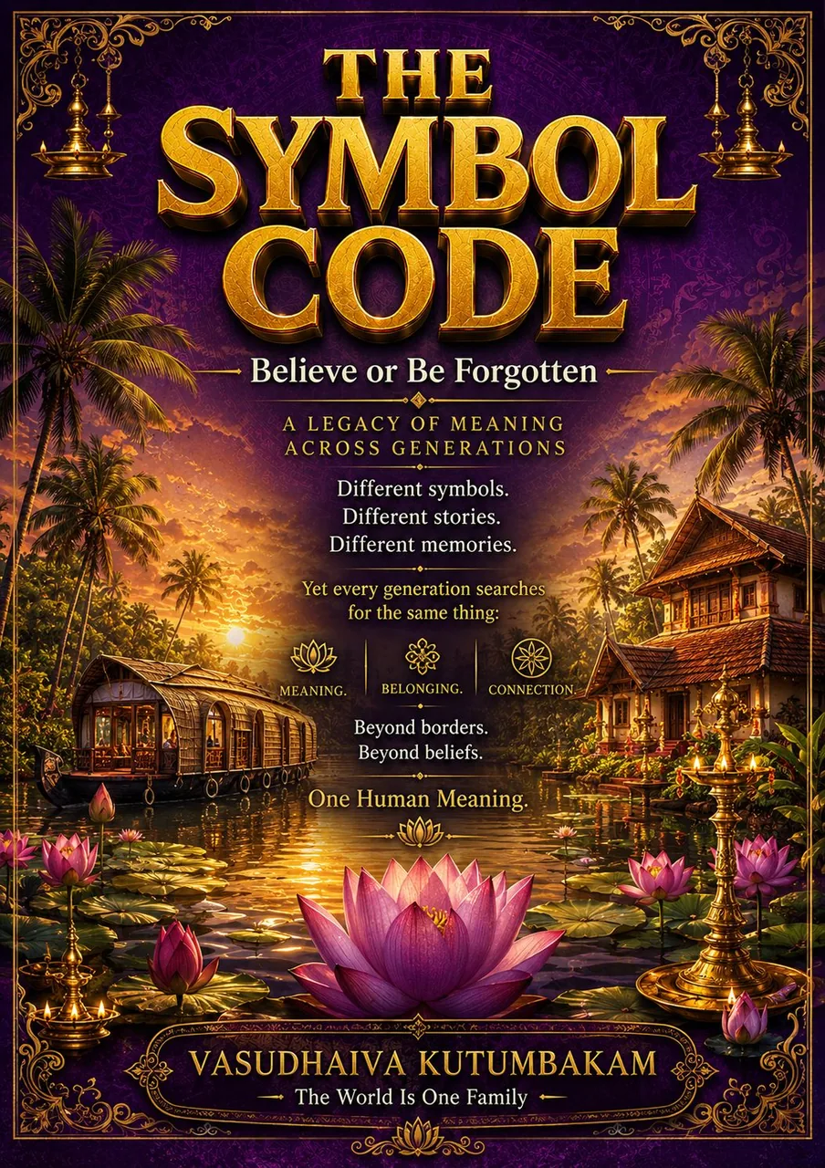 The Symbol Code key art: a golden title over a Kerala backwater at sunset with lotus flowers, captioned ‘Vasudhaiva Kutumbakam — the world is one family.’