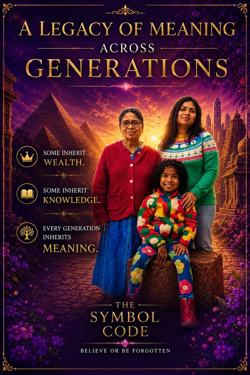 The Symbol Code poster: a grandmother, mother, and child stand together before pyramids, temples, and a city skyline at sunset, titled ‘A legacy of meaning across generations.’