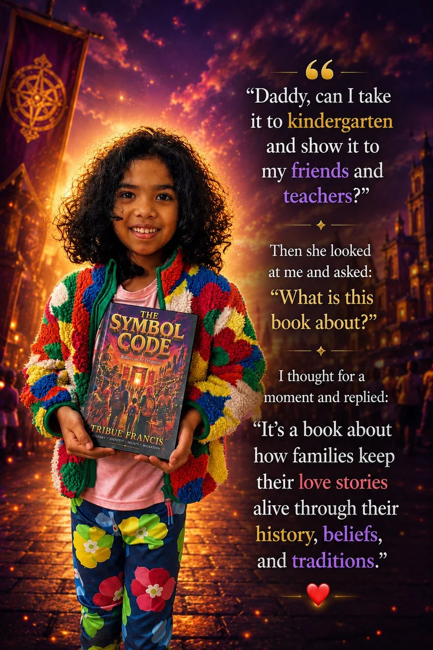 The Symbol Code poster: a smiling young girl holds the book on a glowing street, beside the words ‘What is this book about? A book about how families keep their love stories alive.’