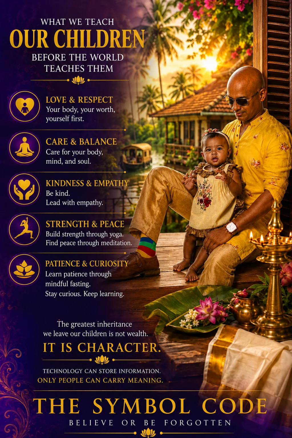 The Symbol Code poster: a father and his baby sit on a wooden porch by a Kerala backwater at sunset with a brass oil lamp, listing the values to teach children — love, care, kindness, strength and patience — and the line ‘It is character.’