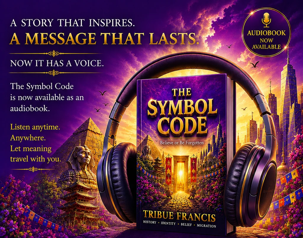 The Symbol Code audiobook poster: headphones resting on the book cover against a glowing purple skyline of pyramids and city towers, with the tagline A story that inspires, a message that lasts, now it has a voice.