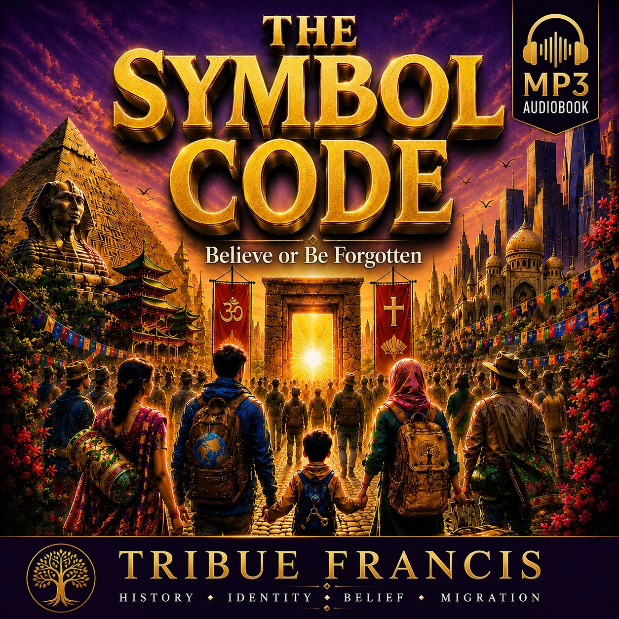 The Symbol Code — official song thumbnail: audiobook-style cover art with the title over a golden gateway between the pyramids and a modern city.