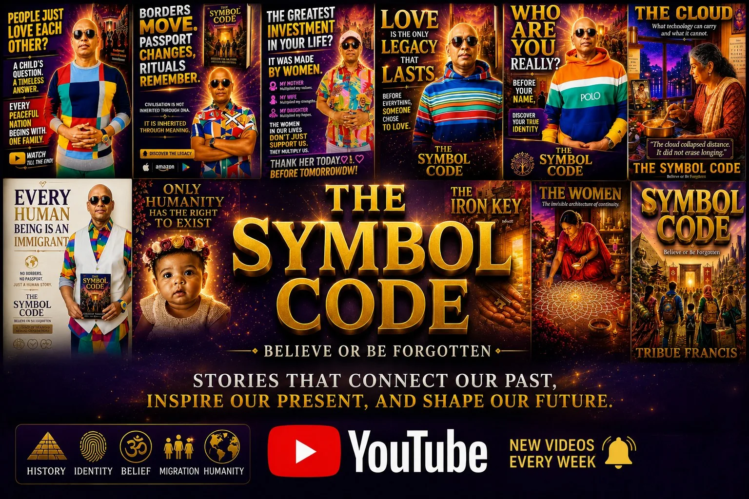 The Symbol Code YouTube channel — collage of video thumbnails and the book cover, with the tagline Stories that connect our past, inspire our present, and shape our future.